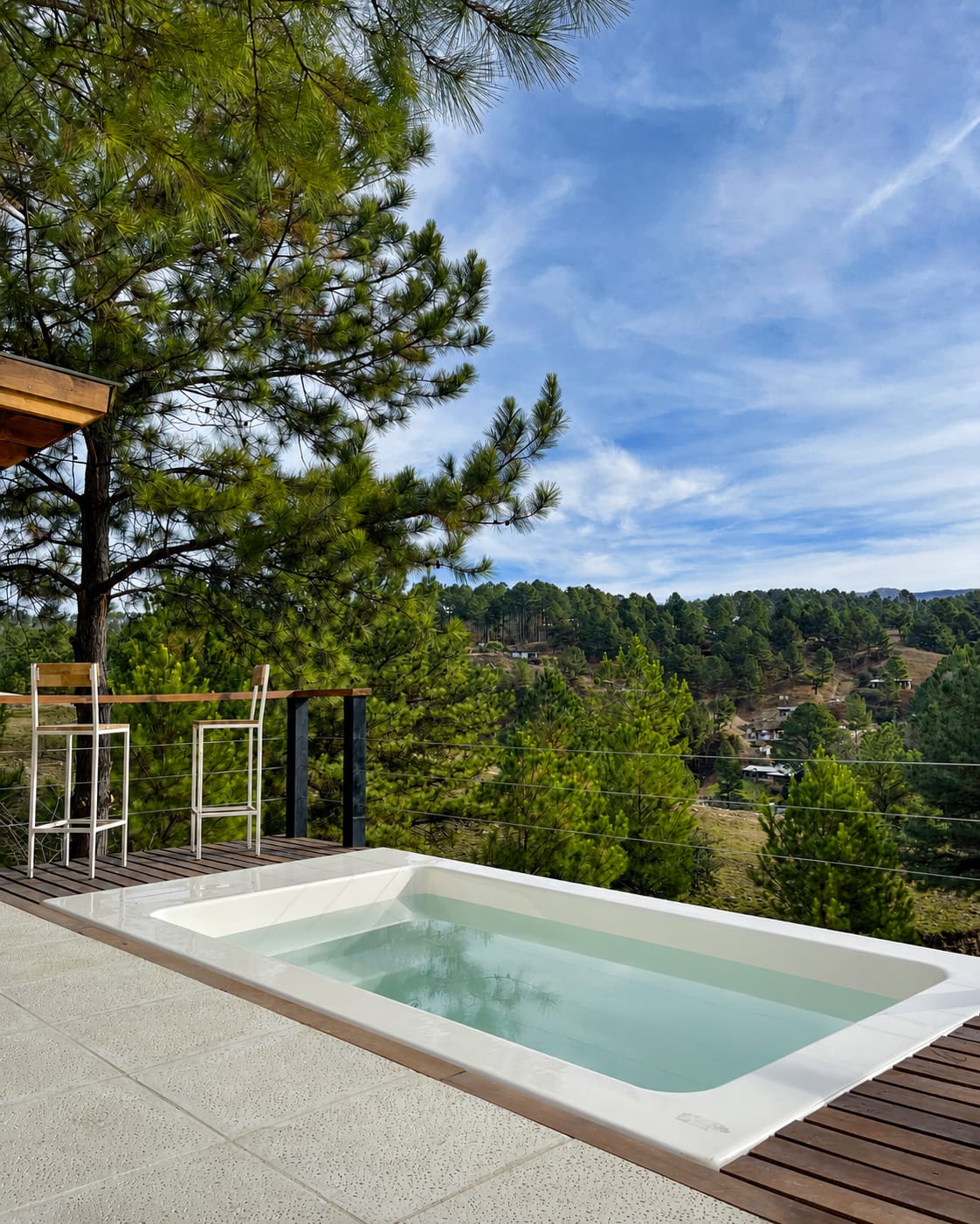 Pileta con vista al bosque de pinos en Casa Malaika